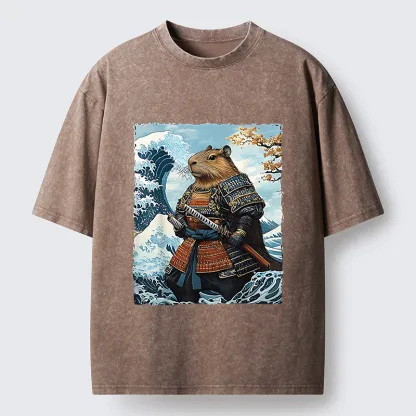 Tokyo-Tiger Capybara Japanese Samurai  And Waves Washed T-Shirt