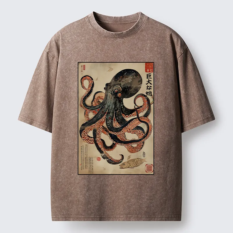 Tokyo-Tiger Retro Octopus Painting Washed T-Shirt