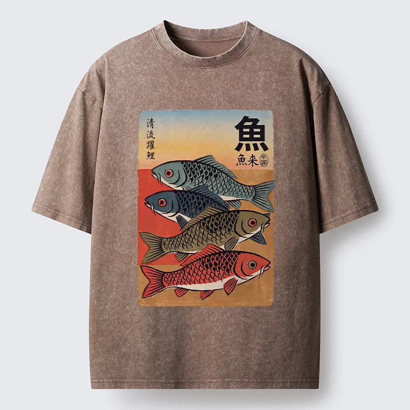 Tokyo-Tiger Retro Fish Poster Washed T-Shirt