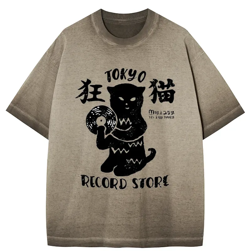 Tokyo-Tiger Tokyo Record Store Cat CD Gradient Washed T-Shirt