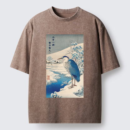 Tokyo-Tiger Grey Heron In Snow Washed T-Shirt