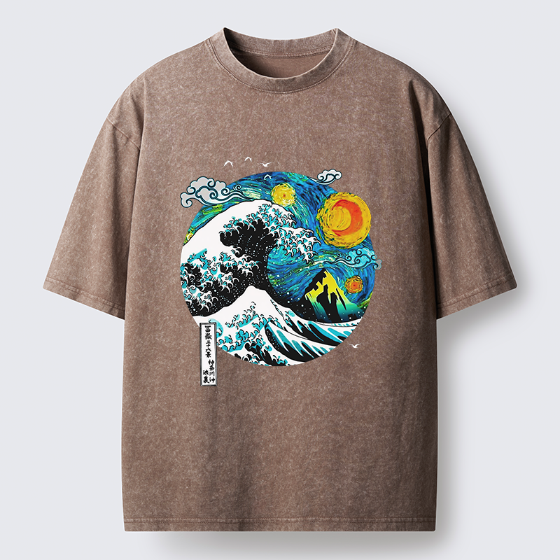 Tokyo-Tiger Oil Painting Ukiyo-e Wave Washed T-Shirt
