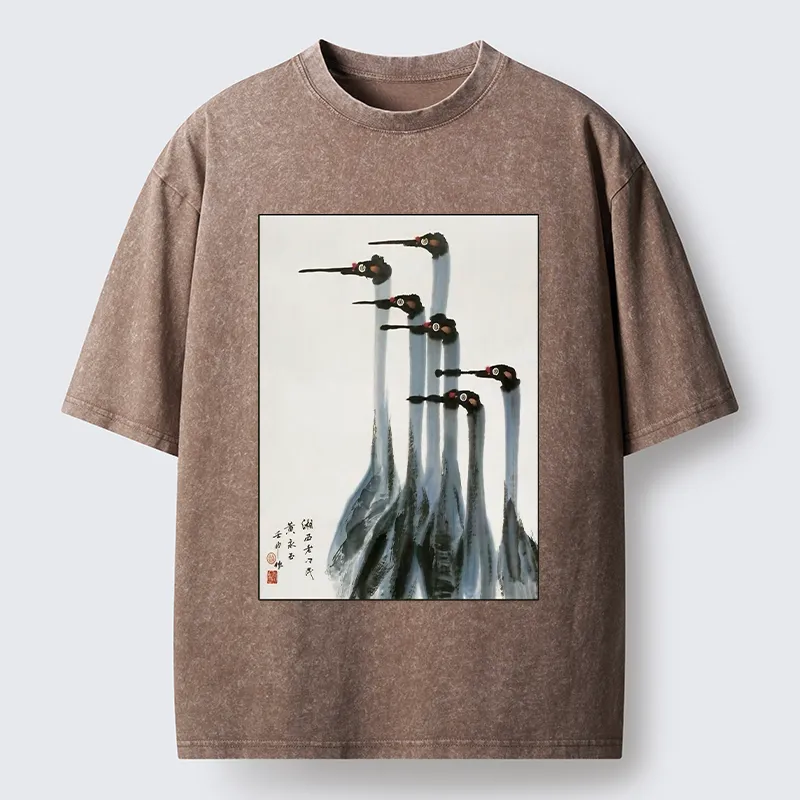 Tokyo-Tiger Retro Crane Painting Washed T-Shirt