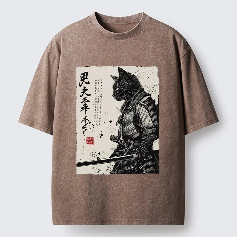 Tokyo-Tiger Japanese Samurai Cat Washed T-Shirt