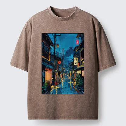 Tokyo-Tiger Japanese Teahouse Street Scene Washed T-Shirt