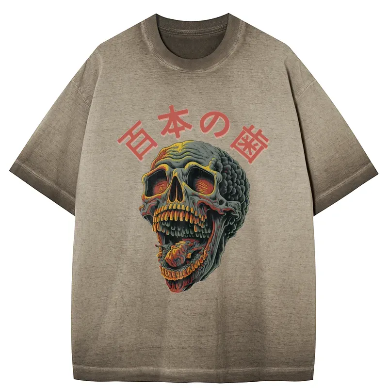Tokyo-Tiger Terrifying And Disgusting Skull Gradient Washed T-Shirt
