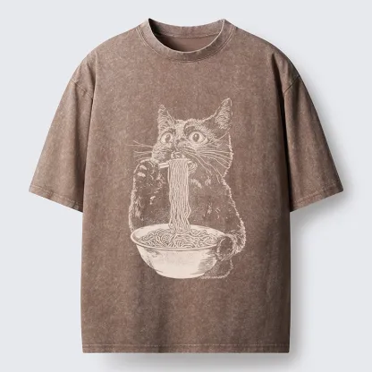 Tokyo-Tiger Black Cat Eats A Large Portion Of Ramen Washed T-Shirt