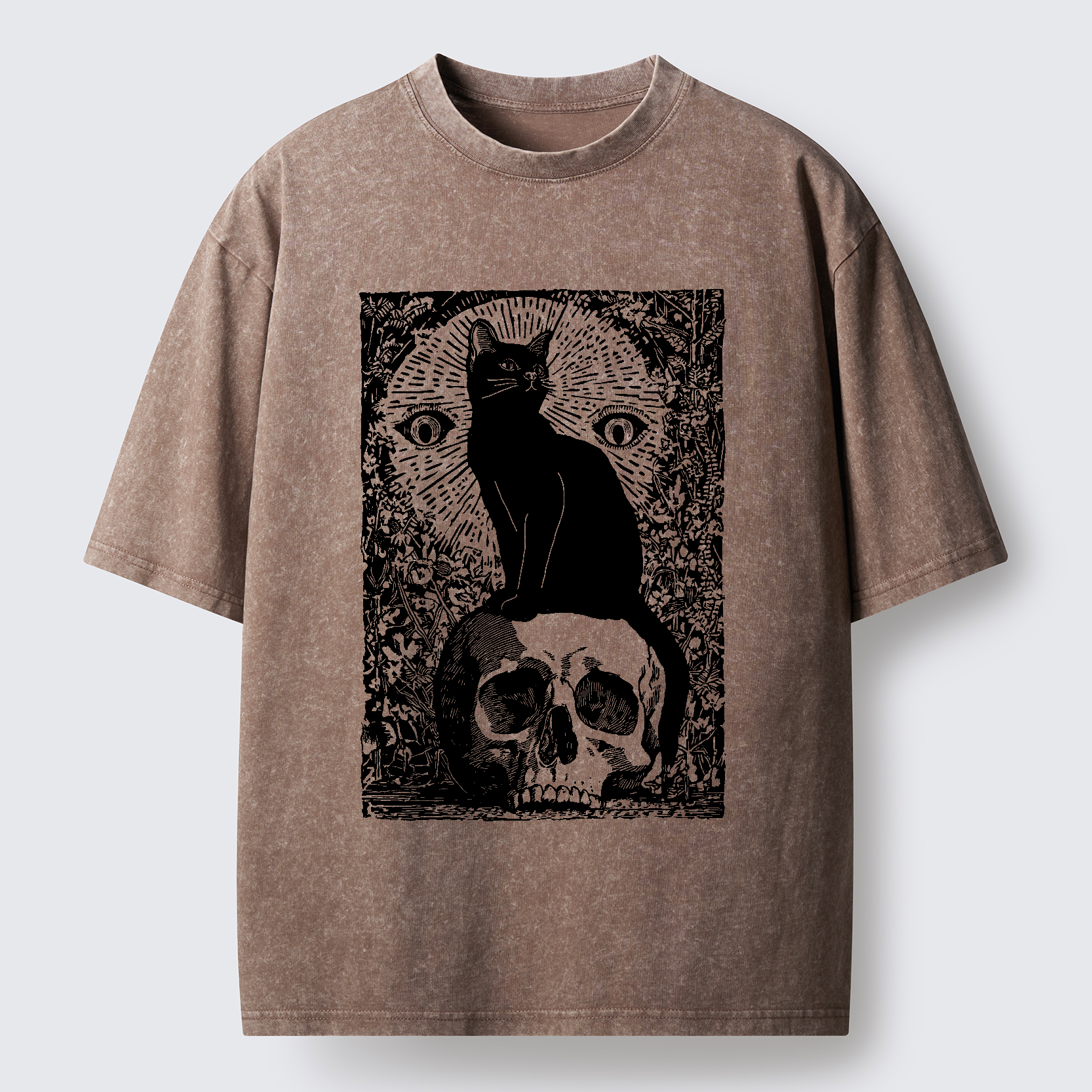 Tokyo-Tiger Black Cat Sitting On the Skull Washed T-Shirt