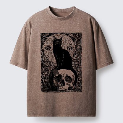 Tokyo-Tiger Black Cat Sitting On the Skull Washed T-Shirt