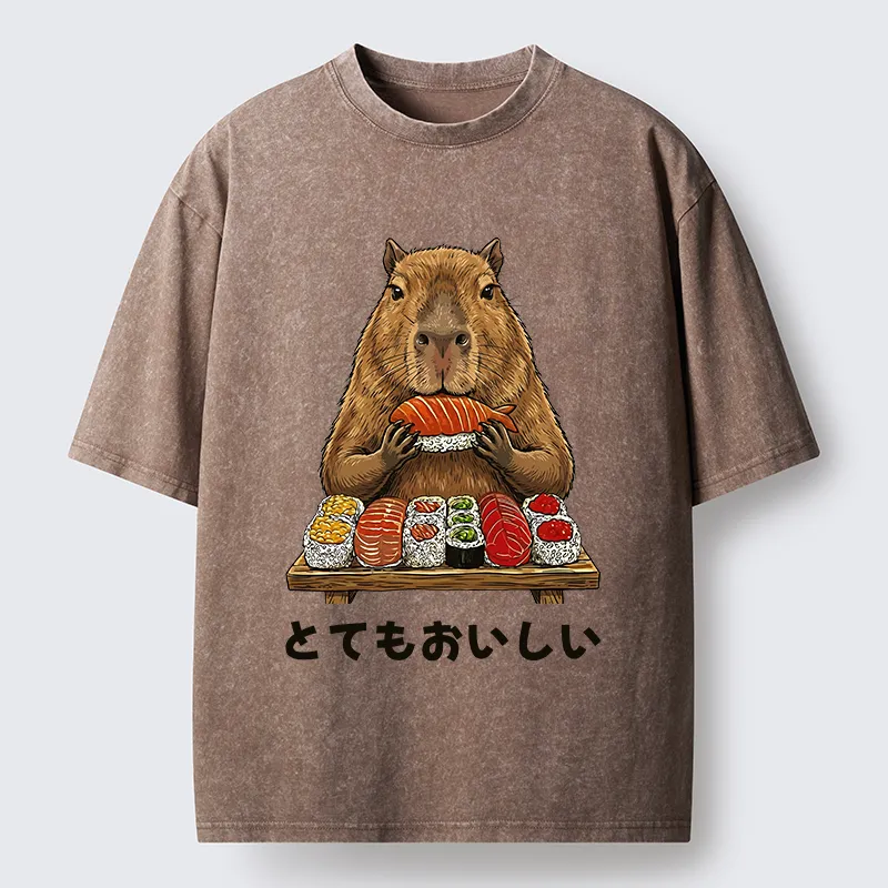 Tokyo-Tiger Capybaras Eat Sushi Washed T-Shirt