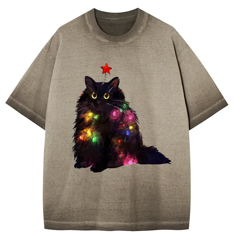 Tokyo-Tiger Christmas Lights Cat Gradient Washed T-Shirt
