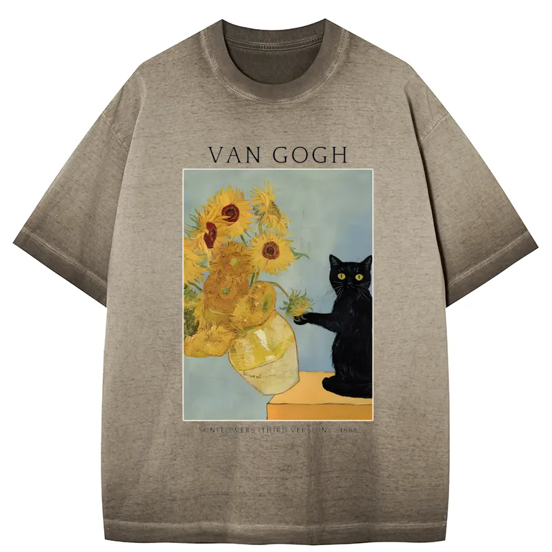 Tokyo-Tiger Black Cat With Sunflowers Gradient Washed T-Shirt