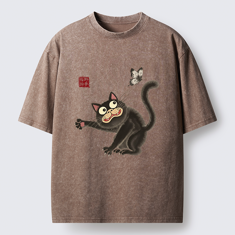 Tokyo-Tiger Cat Catching Butterflies Washed T-Shirt