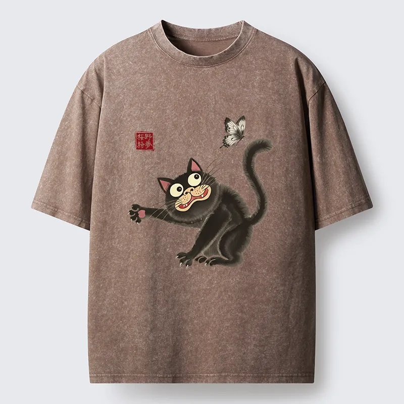 Tokyo-Tiger Cat Catching Butterflies Washed T-Shirt