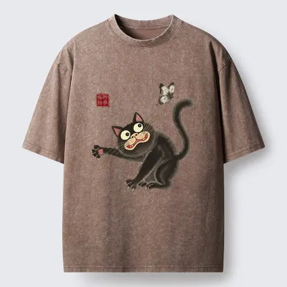 Tokyo-Tiger Cat Catching Butterflies Washed T-Shirt