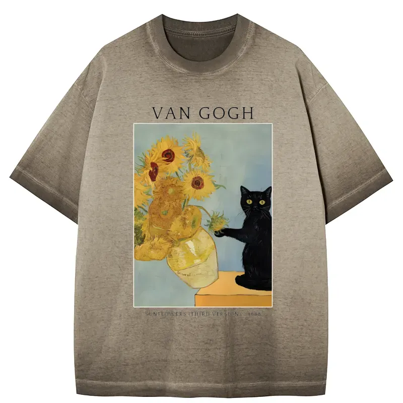 Tokyo-Tiger Black Cat With Sunflowers Gradient Washed T-Shirt