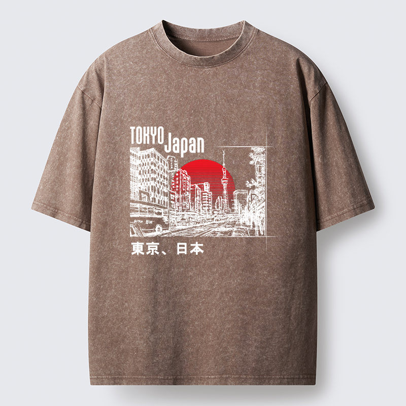 Tokyo-Tiger Bustling Street Scene In Japan Washed T-Shirt