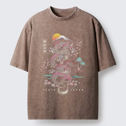 Tokyo-Tiger Retro Japanese Dragon Washed T-Shirt