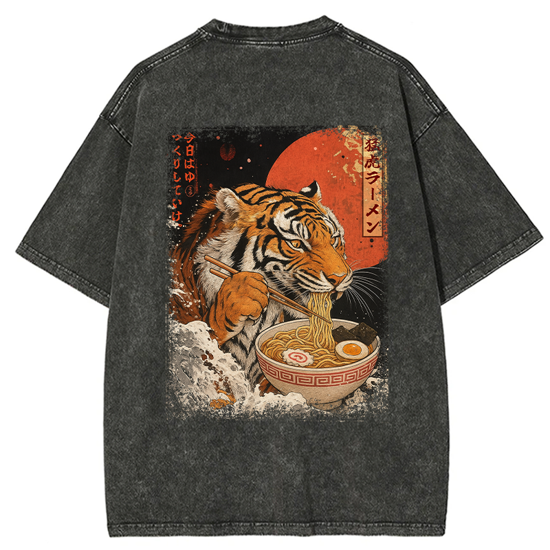 Tokyo-Tiger Ukiyoe Japan Tiger Eating Ramen Back Washed T-Shirt
