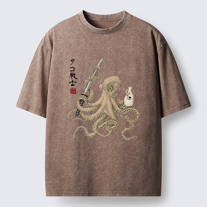 Tokyo-Tiger Octopus Samurai And Sake Washed T-Shirt