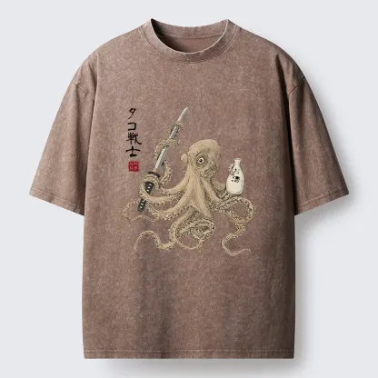 Tokyo-Tiger Octopus Samurai And Sake Washed T-Shirt