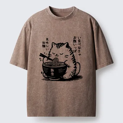 Tokyo-Tiger Cute Cat Eating Ramen Washed T-Shirt