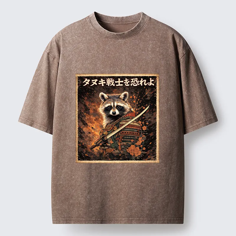 Tokyo-Tiger Japanese Raccoon Samurai Washed T-Shirt
