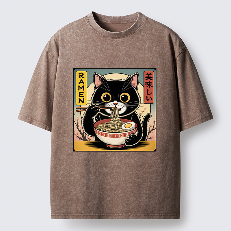 Tokyo-Tiger Black Cat Eats A Big Bowl Of Ramen Funny Washed T-Shirt