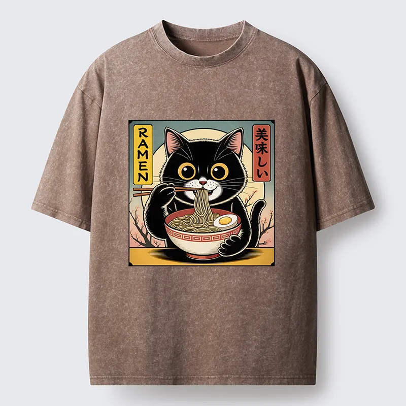 Tokyo-Tiger Black Cat Eats A Big Bowl Of Ramen Funny Washed T-Shirt