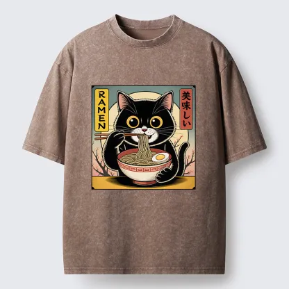 Tokyo-Tiger Black Cat Eats A Big Bowl Of Ramen Funny Washed T-Shirt