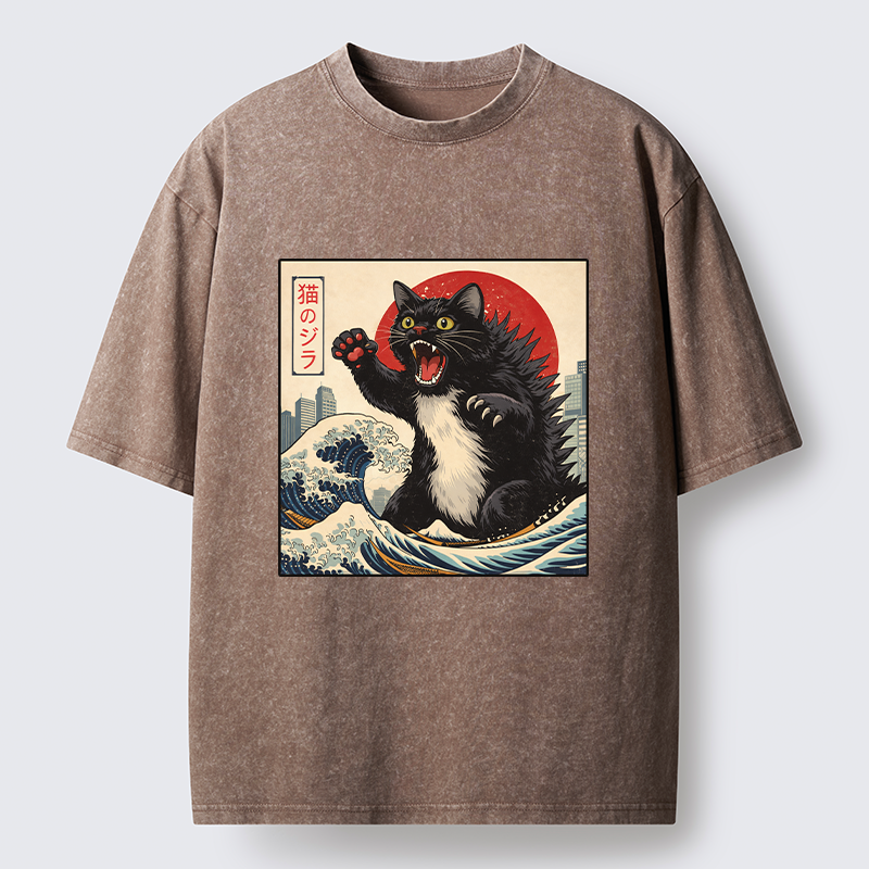 Tokyo-Tiger Black Cat Eats A Big Bowl Of Ramen Funny Washed T-Shirt