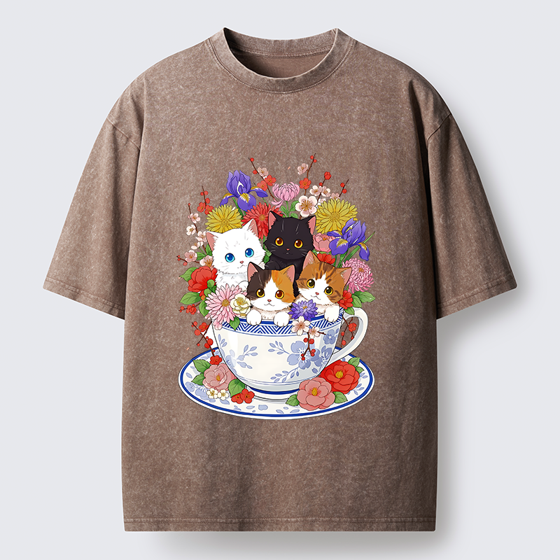 Tokyo-Tiger Four Adorable Kittens Washed T-Shirt