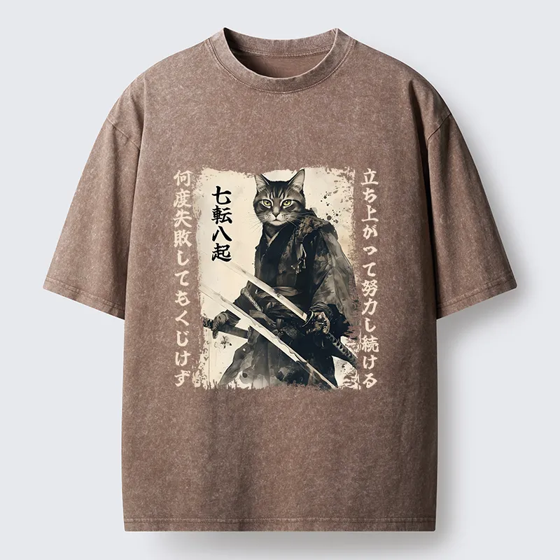 Tokyo-Tiger Samurai Japanese Cat Washed T-Shirt