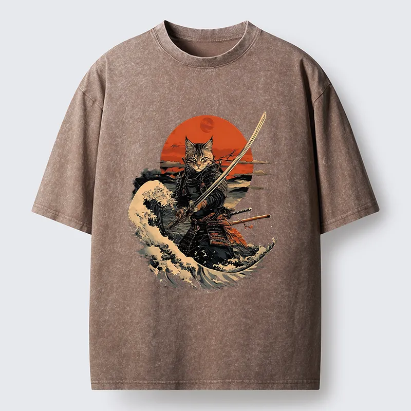 Tokyo-Tiger Handsome Cat Samurai Japanese Washed T-Shirt
