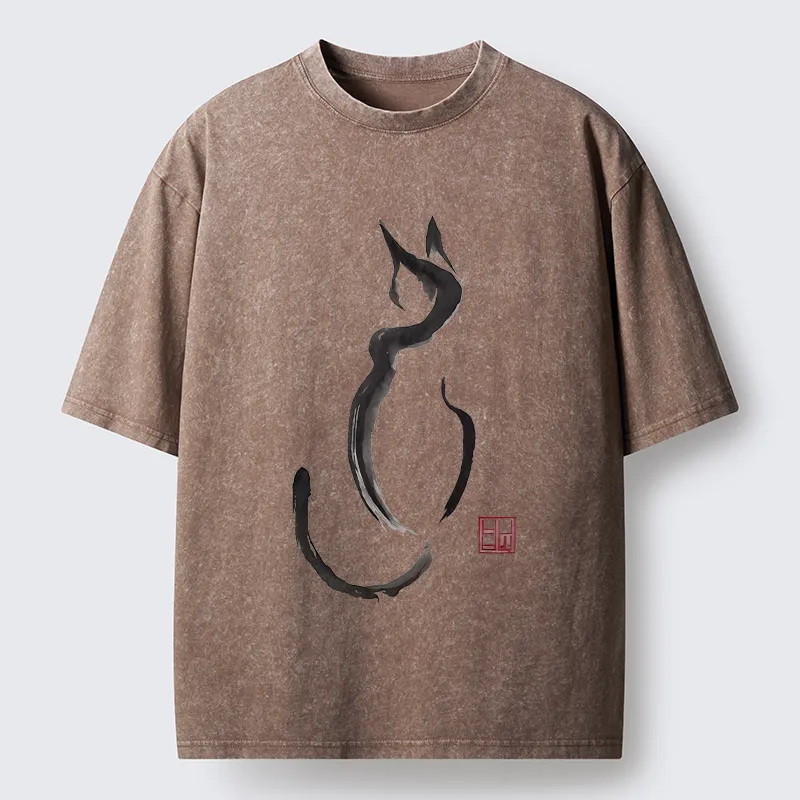 Tokyo-Tiger Minimalist Cat Ink Washed T-Shirt