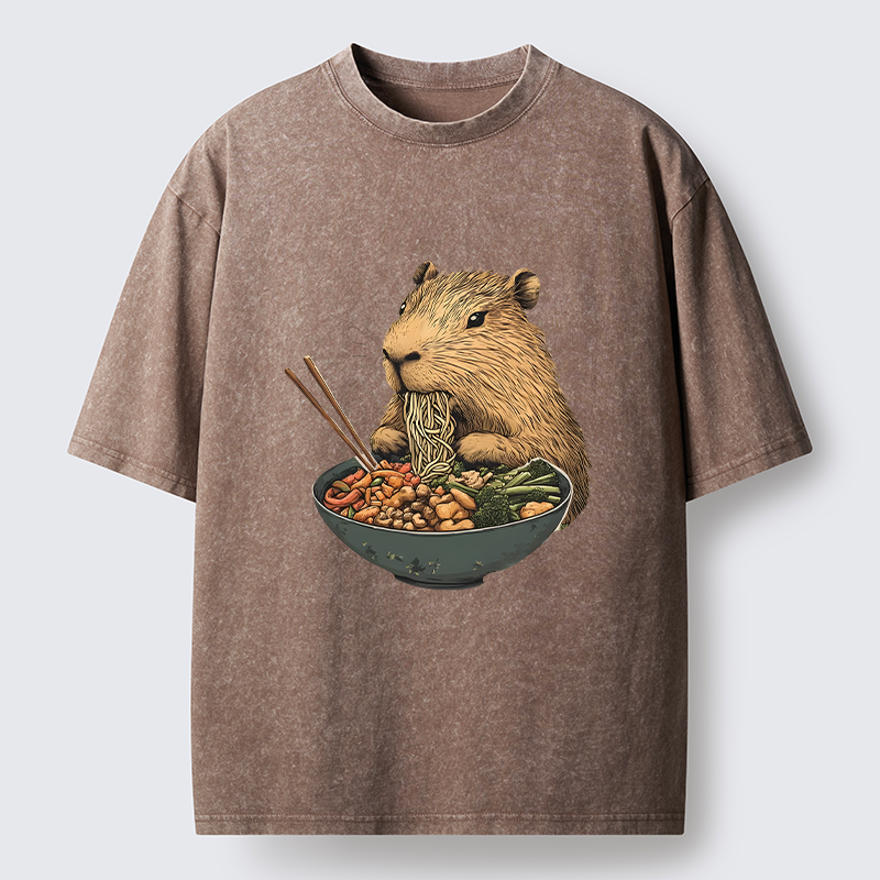 Tokyo-Tiger Capybara Eating Ramen Funny Washed T-Shirt