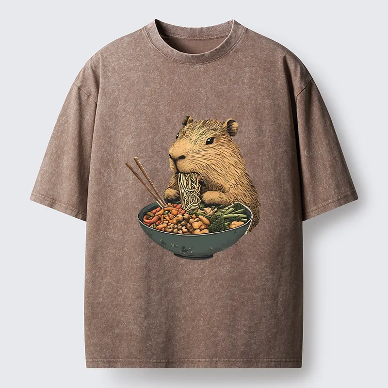 Tokyo-Tiger Capybara Eating Ramen Funny Washed T-Shirt