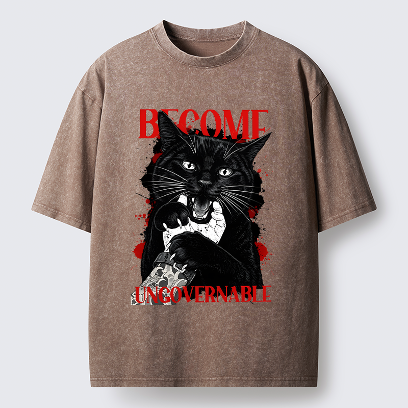 Tokyo-Tiger Biting Black Cat Washed T-Shirt
