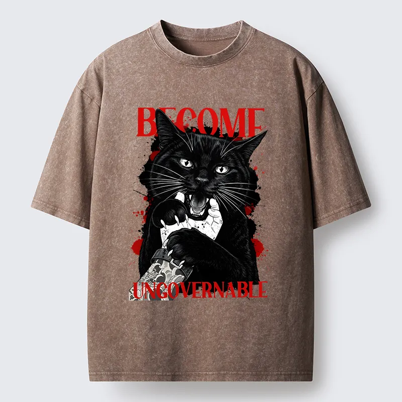 Tokyo-Tiger Biting Black Cat Washed T-Shirt