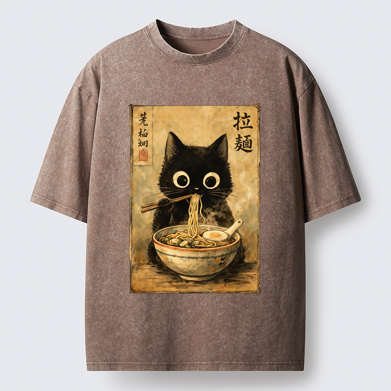 Tokyo-Tiger Cute Black Cat Eating Japanese Ramen Washed T-Shirt