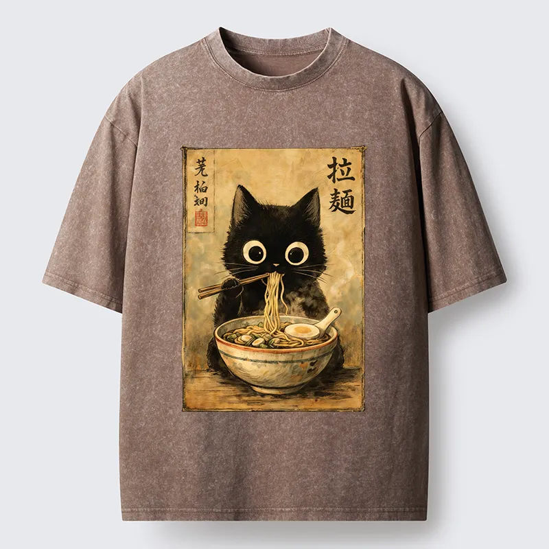 Tokyo-Tiger Cute Black Cat Eating Japanese Ramen Washed T-Shirt