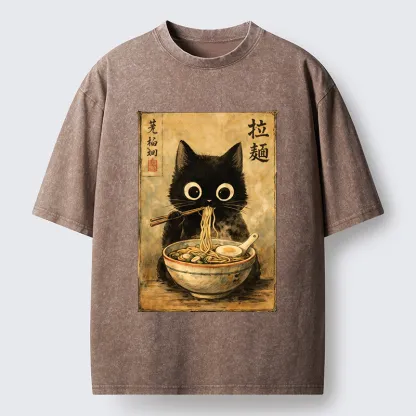 Tokyo-Tiger Cute Black Cat Eating Japanese Ramen Washed T-Shirt