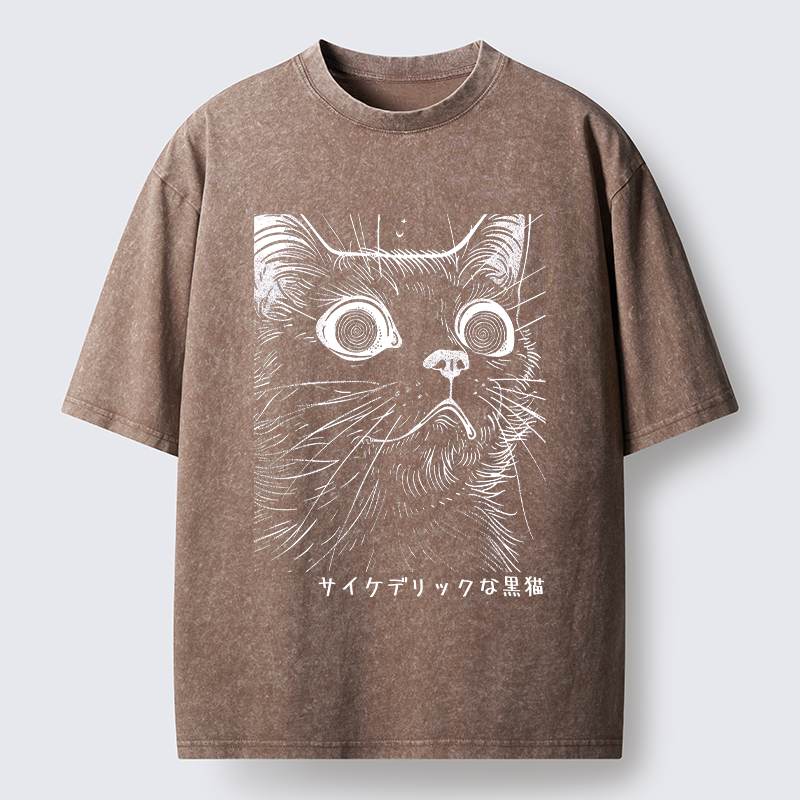 Tokyo-Tiger Trippy Black Cat Washed T-Shirt