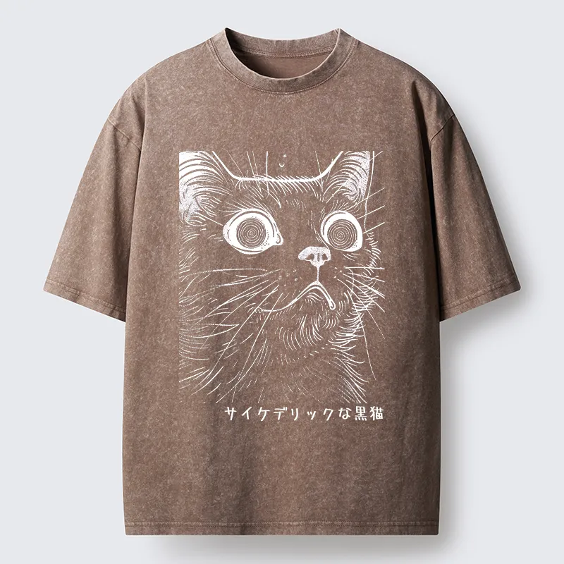 Tokyo-Tiger Trippy Black Cat Washed T-Shirt