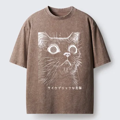 Tokyo-Tiger Trippy Black Cat Washed T-Shirt