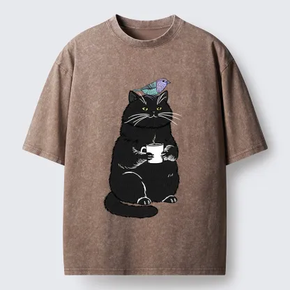 Tokyo-Tiger Black Cat And Bird Washed T-Shirt