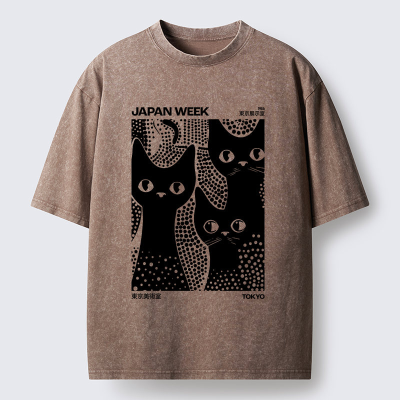 Tokyo-Tiger Black Cat Polka Dot Art Washed T-Shirt