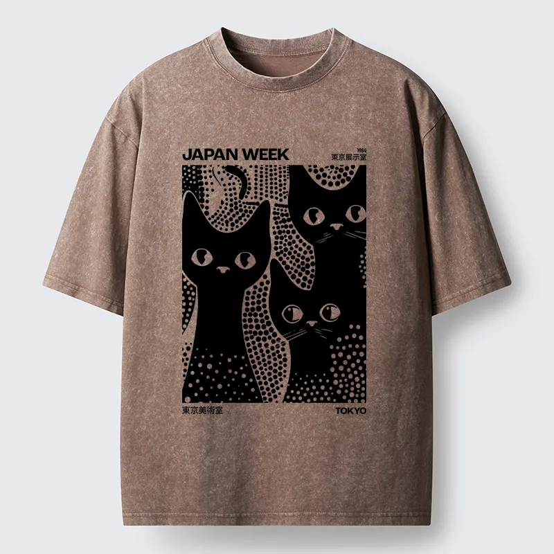 Tokyo-Tiger Black Cat Polka Dot Art Washed T-Shirt