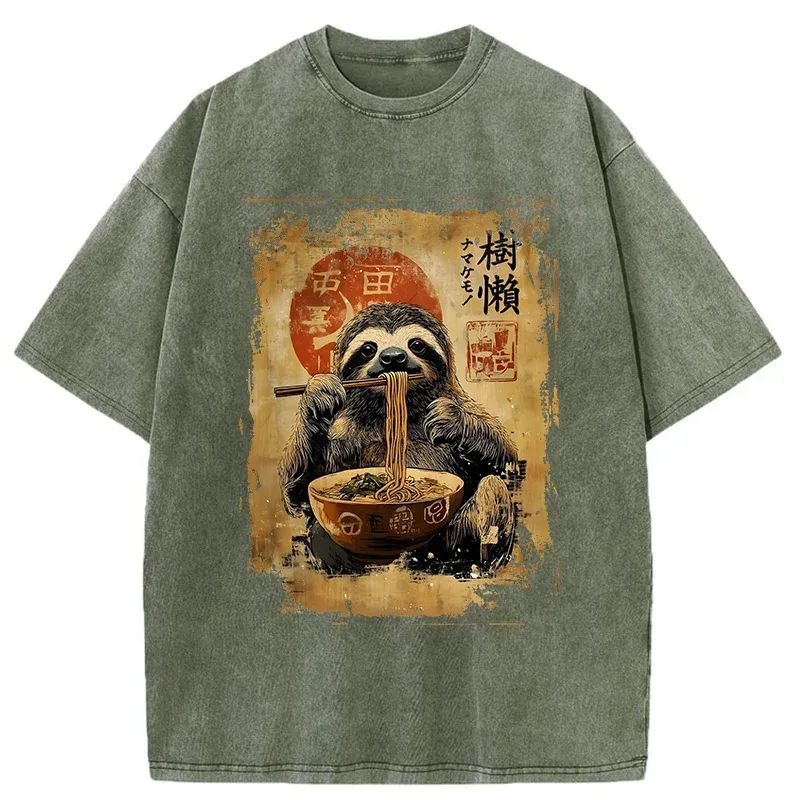 Tokyo-Tiger Sloth Eating Ramen Washed T-Shirt