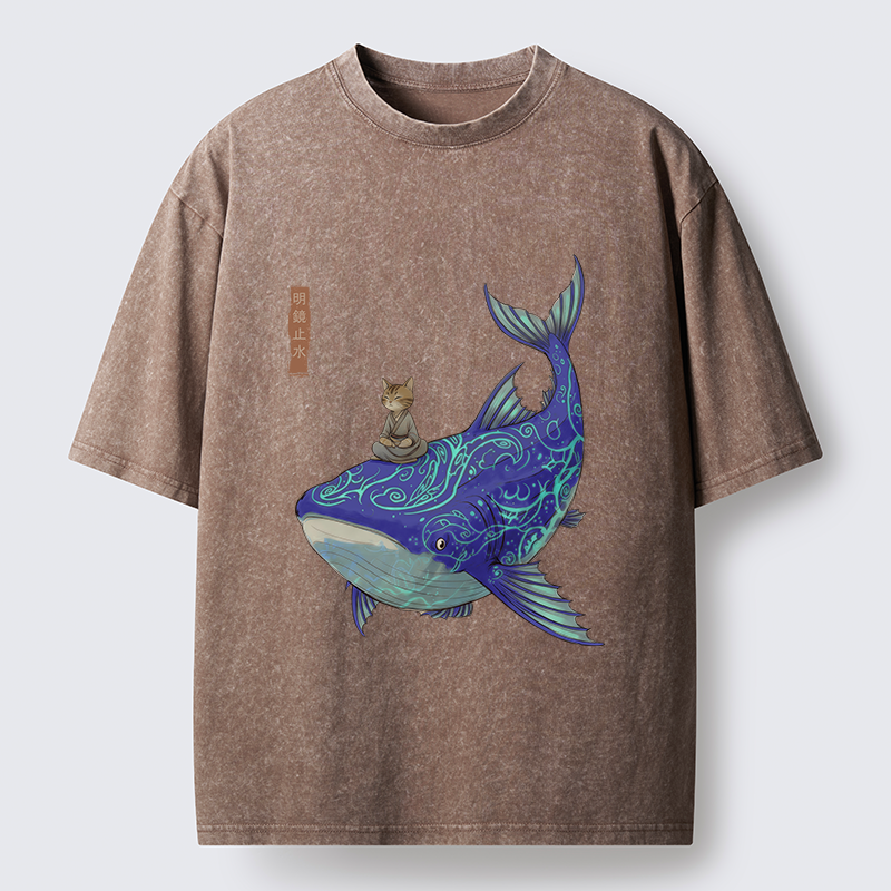 Tokyo-Tiger Cat Riding A Whale Washed T-Shirt